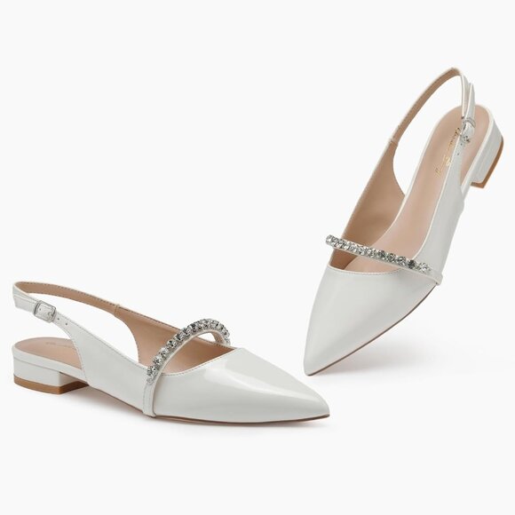 Women White Patent Polyurethane (PU) Rhinestone Pointed Toe Slingback Flats - Picture 3 of 9